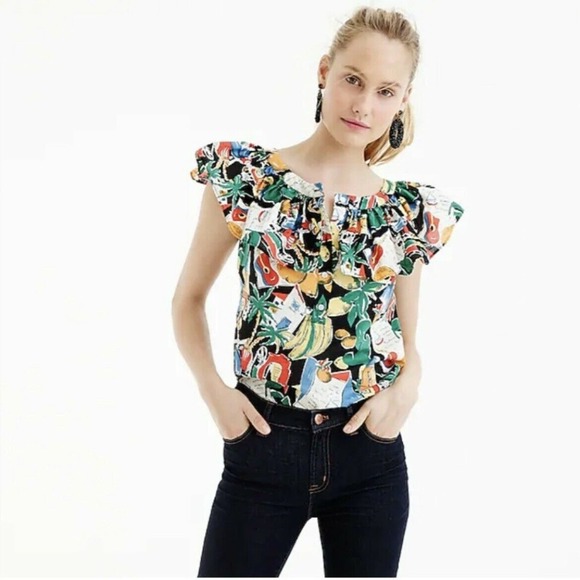 J Crew Printed Ruffle Shoulder Popover Top Size 2 - Picture 1 of 6